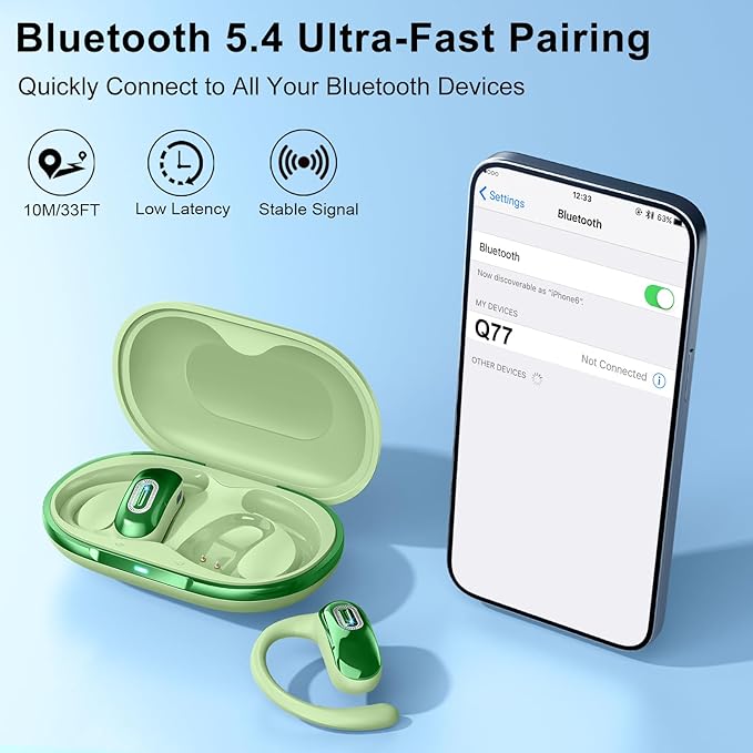 Open Ear Headphones, Bluetooth 5.4 Earbuds, 50H, Air Conduction Ear Buds, HD Stereo Bass Over Ear Earphones with Earhooks, Ultra-Comfort Secure Fit, IPX7 Waterproof Headset for Working Sports, Green-StrideForce Fitness