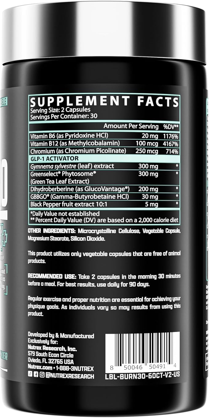 Nutrex Research BURN30 GLP1+ Super Berberine Chromium Picolinate Weight Management Support | Advanced Appetite Control & Metabolism Support with Clinically Studied Ingredients | Stimulant Free-StrideForce Fitness