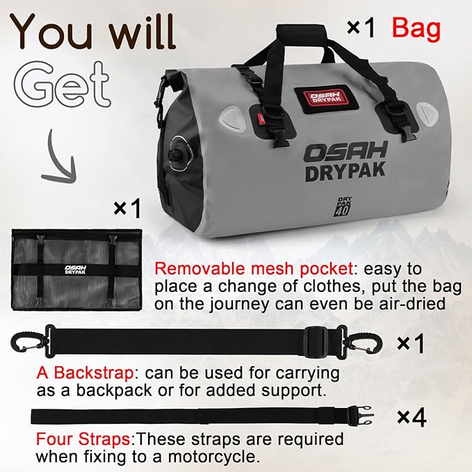 Waterproof Duffel Bag - Motorcycle Dry Bag Tail Bag with Large Storage Space, Waterproof Luggage Duffle Bags with Outer Mesh Zipper Pocket for Camping, Kayaking, Fishing & Traveling-StrideForce Fitness
