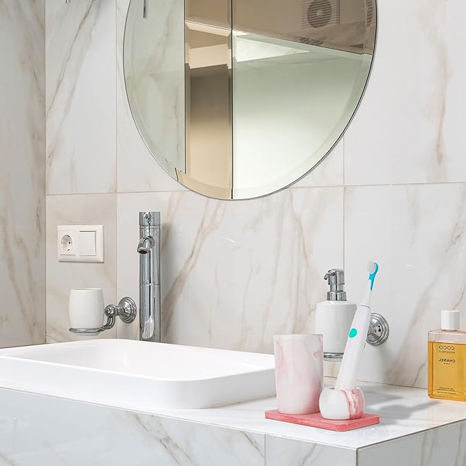 Ceramic Toothbrush Holder & Toothbrush Cup with Diatomite Tray for Bathroom, Bathroom Tumbler Cups Reusable Toothbrush Mouthwash Cup, Shower Counter Storage Organizer (Pink)