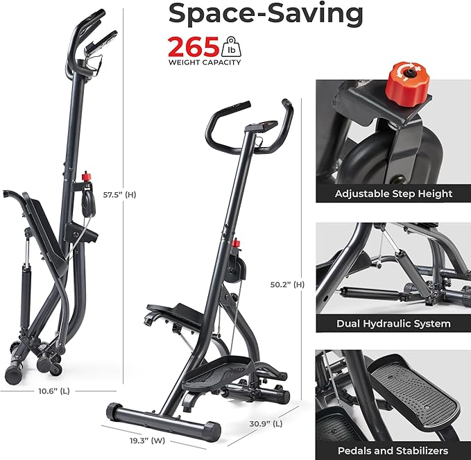 Sunny Health & Fitness Stair Stepper w/Handlebar, Extended Step Range Climber Machine for Legs, Core and Glute Workouts, Connection with Free SunnyFit App-StrideForce Fitness