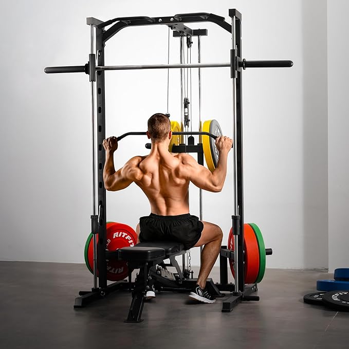 RitFit Smith Machine Power Rack with LAT-Pull Down System, Landmine, Barbell Bar, Plate Storage Pegs and More Training Attachment-StrideForce Fitness