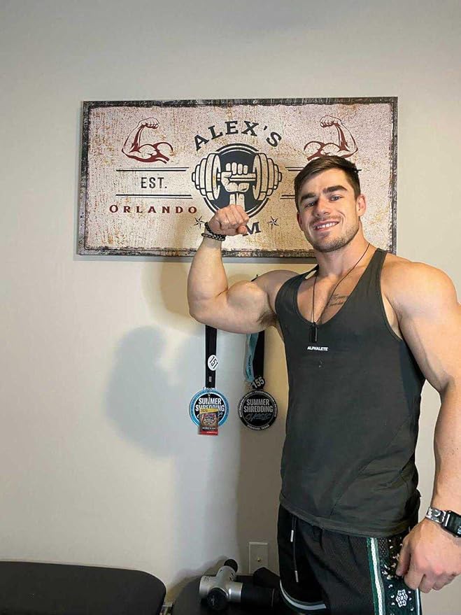 Tailored Canvases Personalized Gym Sign Wall Art Decor - Motivational Canvas for Home Gym, Workout Room, Garage, Fitness Center - Workout Inspirational Posters - One Hand Dumbbell on Rustic Red, 36x12in-StrideForce Fitness