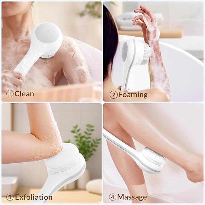 Electric Body Brush Back Scrubber for Shower, Waterproof Long Dual Handle Power Body Scrubber with 3 Heads, Rechargeable Bath Brush & 2 Speeds, for Cleansing, Exfoliating and Massaging Skin-StrideForce Fitness