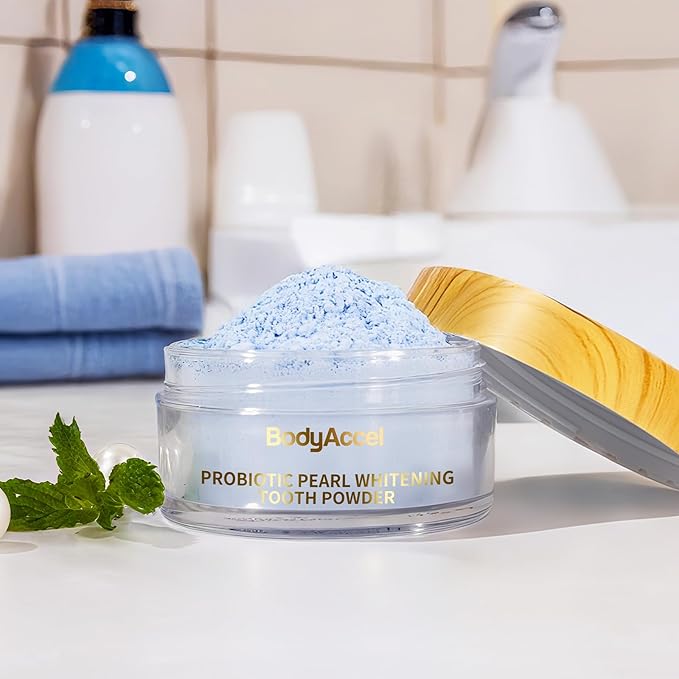 BodyAccel Teeth Whitening Powder Upgraded– Probiotic Pearl Whitening Tooth Powder, Fluoride-Free Toothpaste for Coffee & Tea Stain Removal, 360° Clean Teeth, Fresh Breath