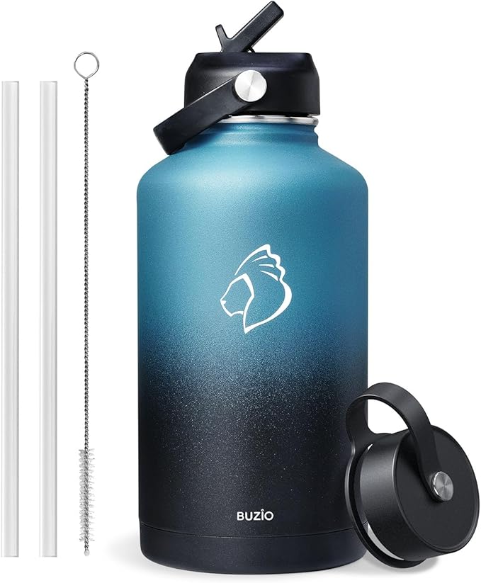BUZIO Insulated Water Bottle with Straw Lid and Flex Cap, 64oz Double Wall Vacuum Stainless Steel Water Thermo Wide Mouth Lid, Cold for 48 Hrs Or Hot for 24 Hrs Sweat Proof Flask, Indigo Crush-StrideForce Fitness