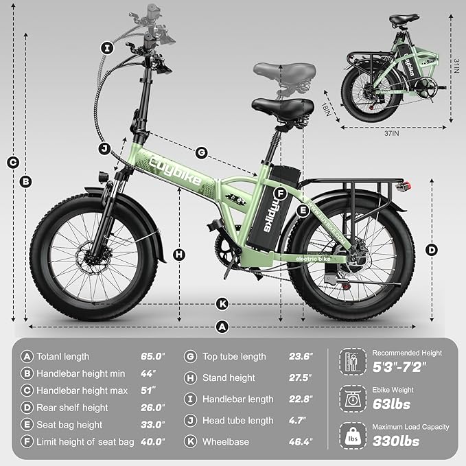 Foldable Electric Bike for Adults, 30+MPH, 48V 20Ah Removable Lithium Battery up to 80Miles, 20" Fat Tire 1000W Peak Motor Dirt Ebike Adult Electric Bicycle for Commute Beach Mountain E Bike-StrideForce Fitness