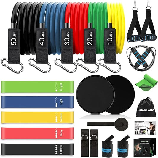 23 Pack Resistance Bands Set Workout Bands, 5 Stackable Exercise Bands 5 Loop Resistance Bands 2 Core Sliders, Door Anchor Handles Ankle Straps Carry Bag Instant Cooling Towel Wrist Wraps-StrideForce Fitness