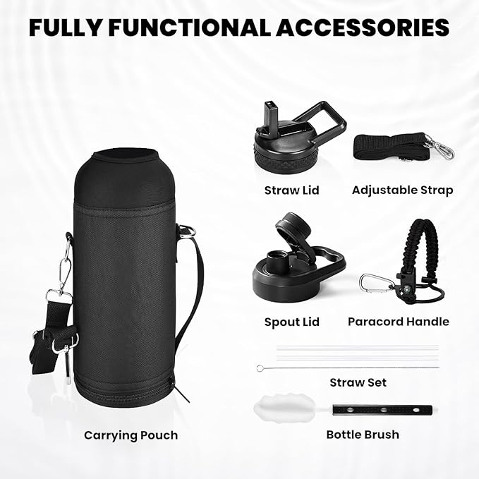 Insulated Water Bottle 40 oz, Triple Wall Vacuum Stainless Steel (Cold for 48 Hrs), Leak Proof & Non-BPA, Modern Water Flask Jug with Paracord Handle & Straw Spout Lids, Magic Black-StrideForce Fitness