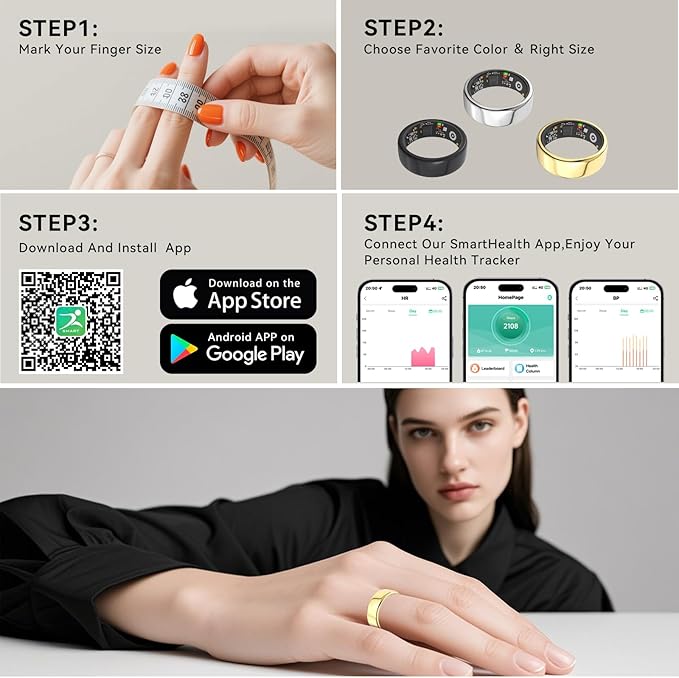 Smart Rings for Women Men,Fitness Tracker Ring,Heart Rate,Blood Oxygen,Blood Pressure,Step Tracker,Sleep Monitoring,No Subscription Fee,IP68 Waterproof Smart Ring for iphone&Android(Gold 11)-StrideForce Fitness