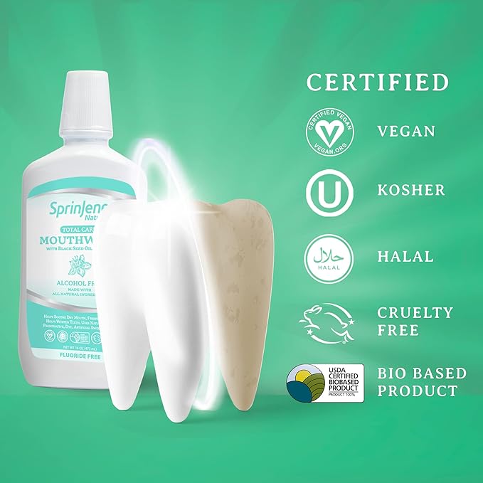 SprinJene Alcohol Free Mouthwash with Xylitol – Fluoride Free Natural Mouthwash for Dry Mouth, Whitening & Fresh Breath – Patented Black Seed Oil & Zinc Formula – Vegan & Made in The USA (1 Pack)