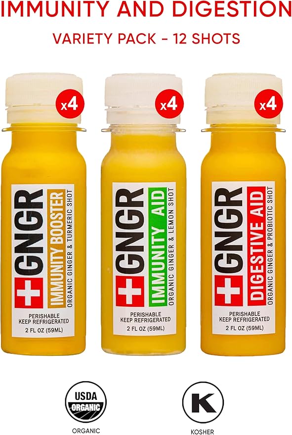 '+GNGR Immunity Sampler Organic Ginger Wellness Shots - Premium Ginger Shots for All Natural Digestive Support and Immune Support - Cold Pressed Ginger Juice - Nothing Artificial (2 Oz, Pack of 12)-StrideForce Fitness