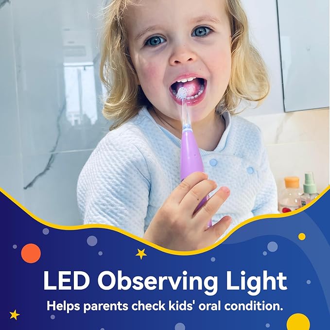 SEAGO Kids Electric Toothbrush Rechargeable with Smart Timer, LED Observing Light & DIY Stickers for Toddlers Ages 2-4, Soft Bristles for Oral Care, USB Charging (Pink)