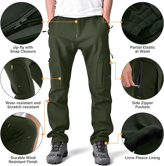 Toomett Men's hiking Snow Pants Skiing Winter Insulated Fleece lined Outdoor Water Repellent camping,walking,fishing
