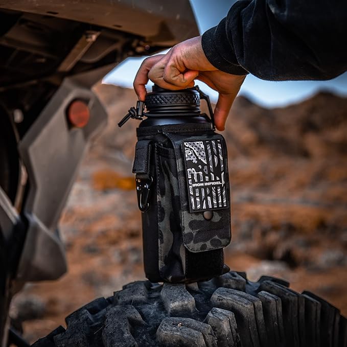 Iron Infidel Battle Bottle - 32 Oz Insulated Water Bottle with Straw Lid & Chug Cap, Stainless Steel Metal Tactical Flask With Rugged, Removable Sleeve for Keys & Phone or Wallet (Black Camo 1 Liter)-StrideForce Fitness