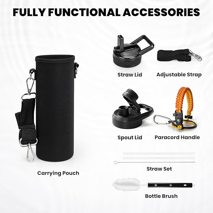 Insulated Water Bottle 24oz, Triple Wall Vacuum Stainless Steel (Cold for 48 Hrs, Hot for 24Hrs), Leak Proof & Non-BPA, 24oz Hydro Water Flask with Paracord Handle & Straw Spout Lids-StrideForce Fitness