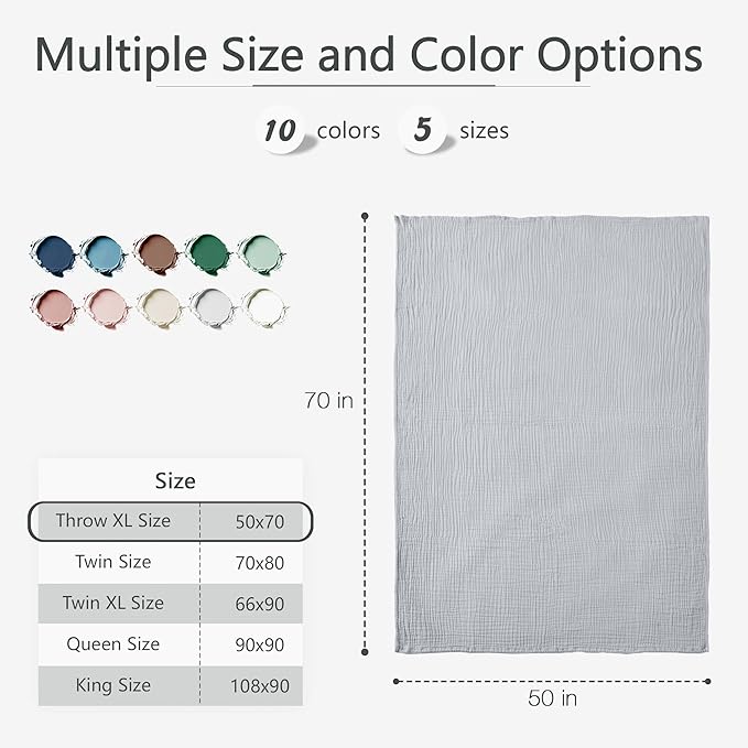 Carriediosa 100% Cotton Muslin Throw Blanket 50" X 70" Throw XL Size,4-Layers Summer Gauze Throws for Bed Couch,Soft Lightweight Breathable Linen Blankets Bedspread for Adults All Season,Grey-StrideForce Fitness