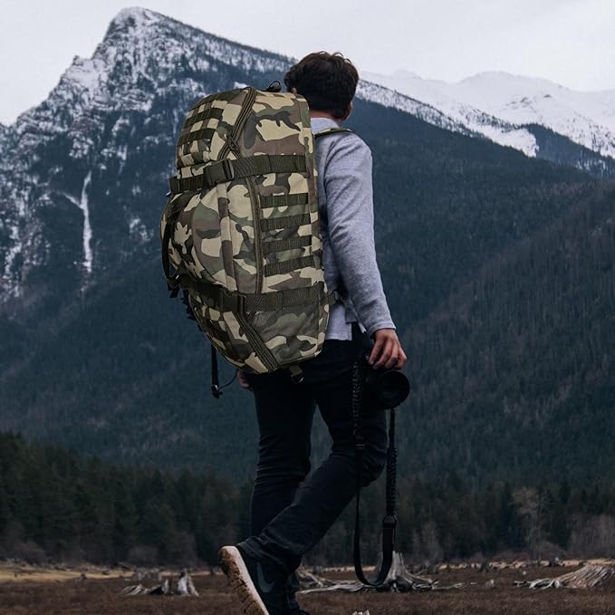 55L Large Duffle Bag, 3-in-1 Tactical Backpack MOLLE Pack for Sports, Gym, Outdoor, Woodland-StrideForce Fitness