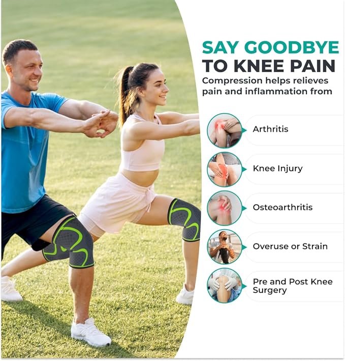 Modvel 2 Pack Knee Brace | Knee Compression Sleeve for Men & Women | Knee Support for Running | Medical Grade Knee Pads for Meniscus Tear, ACL, Arthritis, Joint Pain Relief. (Large, Green)