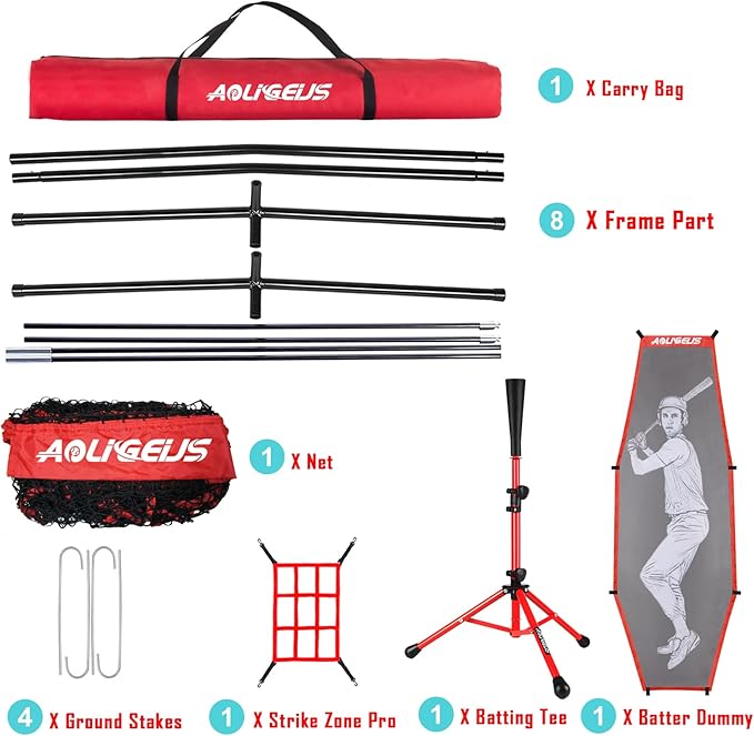 7'X7' Baseball Softball Practice Net,Pitching Net,Batting Net,with Baseball Tee,Bonus Strike Zone and Bow Frame,for Hitting,Pitching, Catching-StrideForce Fitness