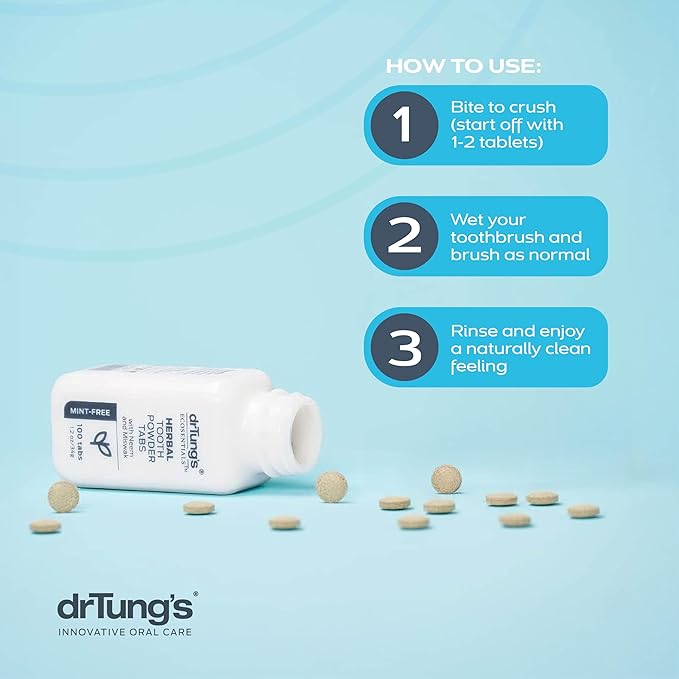 drTung's Herbal Toothpaste Tablets - Toothpaste Tabs for Dry Mouth Relief, Natural Tooth Powder Tablets for Fresh Breath, Fluoride Free, Travel Size, Vegan, Non-GMO - Mint-Free (100 Tabs), 3-Pack