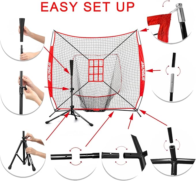 7'X7' Baseball Softball Practice Net,Pitching Net,Batting Net,with Baseball Tee,Bonus Strike Zone and Bow Frame,for Hitting,Pitching, Catching-StrideForce Fitness
