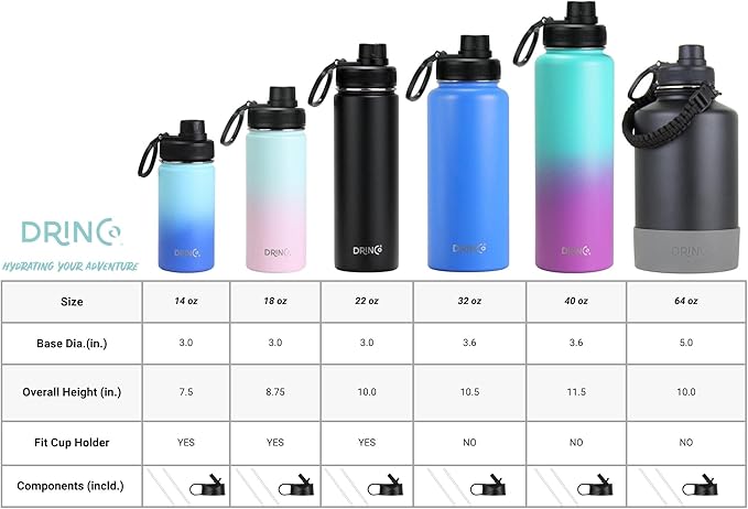 DRINCO Stainless Steel Water Bottle Spout Lid Vacuum Insulated Double Wall Water Bottle Wide Mouth (40oz 32oz 22oz 18oz 14oz) Leak Proof Keeps Cold or Hot (22 oz, 22oz Ombre Fuschia Teal)-StrideForce Fitness