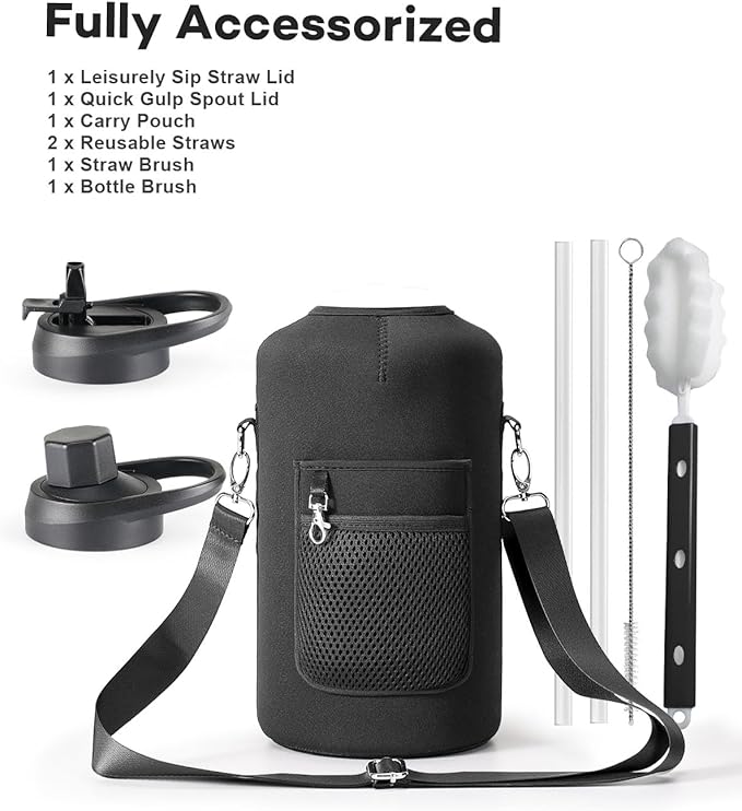 128 oz Insulated Water Bottle with Straw and Lid, One Gallon Stainless Steel Cup with Handle,Leakproof Metal Travel Jug Flask Mug Tumbler Cup With Carry Pouch and Brush,Keep Cold & Hot,Grey-StrideForce Fitness