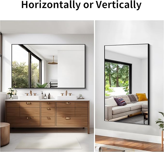 Black Bathroom Mirror for Wall, 60x36 Inch Rectangle Mirrors with Metal Frame, Modern Vanity Wall Mirror Decor for Entryway Hangs, Bathroom Living Room Horizontal or Vertical-StrideForce Fitness