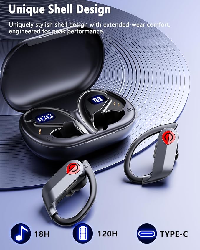 EUQQ Ear Buds Wireless Bluetooth Earbuds, Noise Cancelling Headphones 120H Playtime,IPX7 Waterproof Sports with Earhooks,LED Display Wireless Earphones for Running Gym Workout-Black-StrideForce Fitness