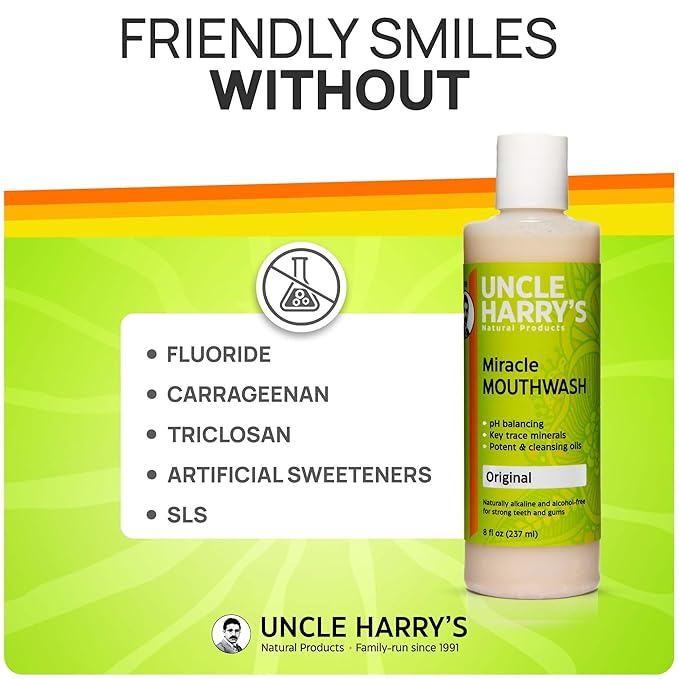 Uncle Harry's Natural Alkalizing Miracle Mouthwash | Adult & Kids Mouthwash for Bad Breath | pH Balanced Oral Care Mouth Wash & Mouth Rinse (8 fl oz)