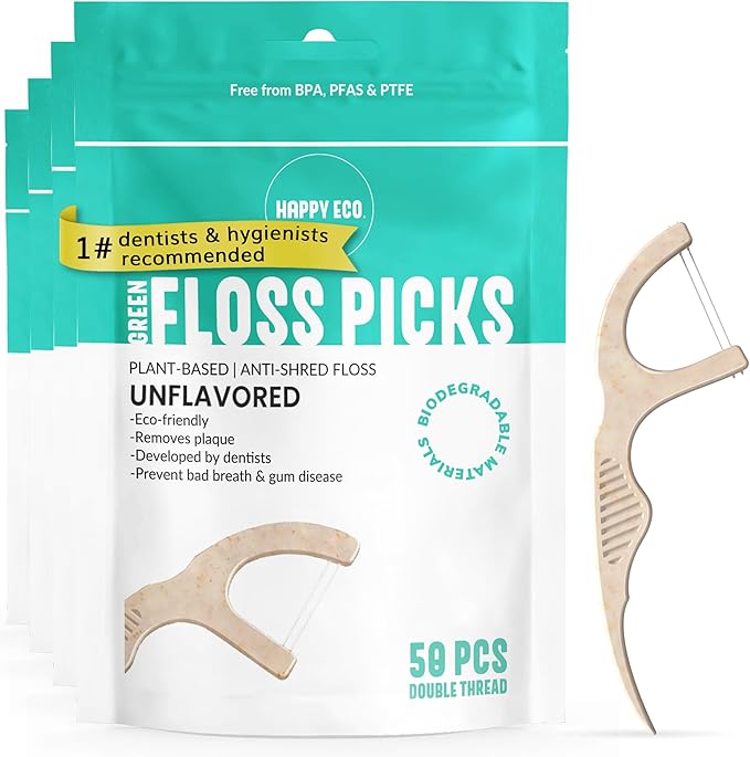 Floss Picks Biodegradable (200pcs) - Plant Based Dental Floss Picks, Natural Flossers for Adults & Kids, Nontoxic Vegan Tooth Pick Flossers & Eco Floss Sticks - Double Thread Unflavored