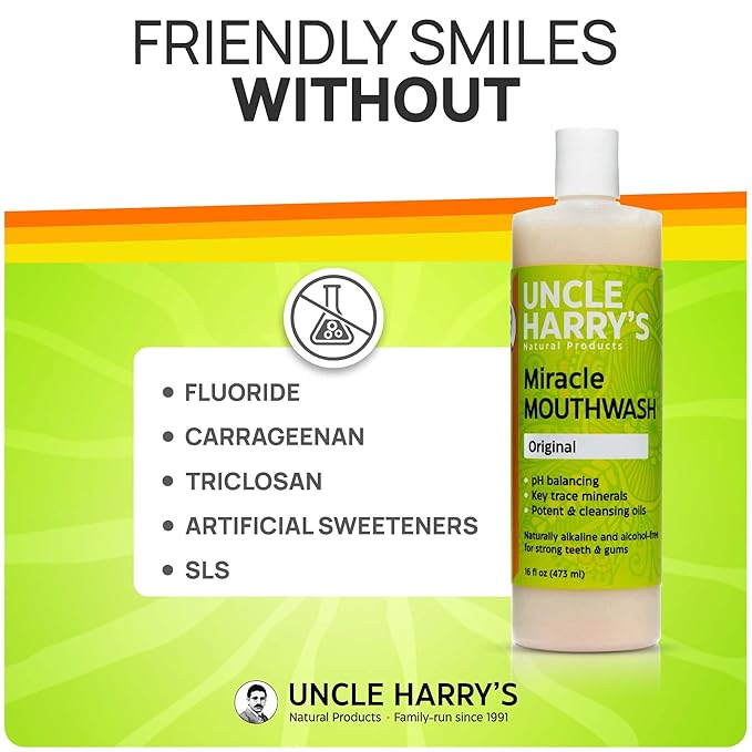 Uncle Harry's Natural Alkalizing Miracle Mouthwash | Adult & Kids Mouthwash for Bad Breath | pH Balanced Oral Care Mouth Wash & Mouth Rinse (16 fl oz)