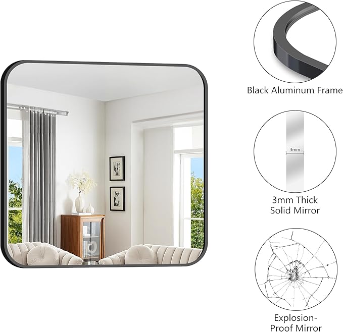 FORBATH Bathroom Mirror 30" x 30", Large Square Wall Mirror with Black Aluminum Frame Rounded Corner, Wall Mounted Mirror for Bathroom Bedroom Entryway Living Room-StrideForce Fitness