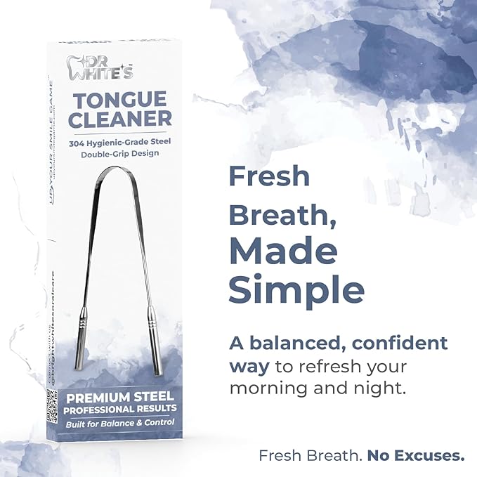 Dr. White’s Precision Tongue Care™ Collection – Dual Grip Tongue Cleaner, Premium 304 Medical-Grade Stainless Steel Tool for Enhanced Control & Daily Oral Care