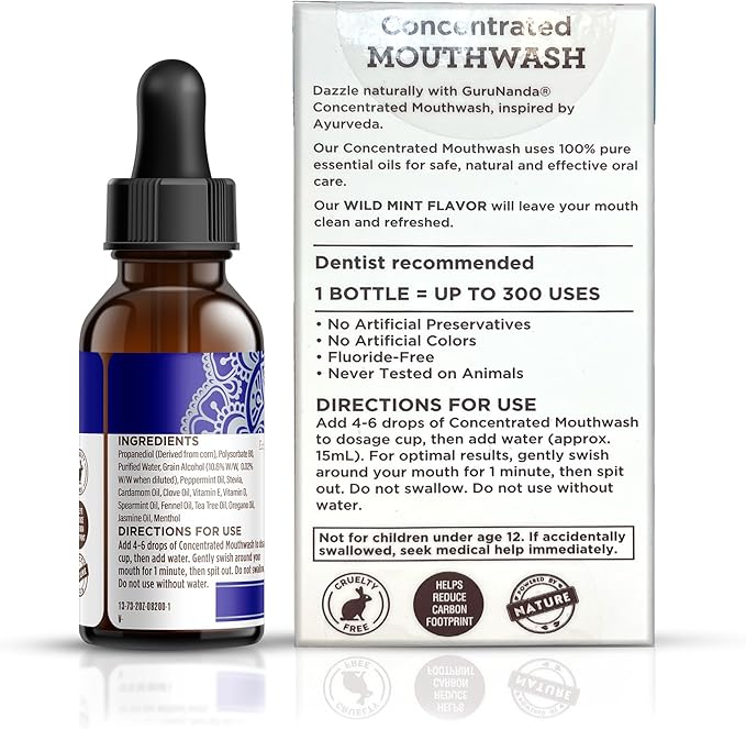 GuruNanda Concentrated Mouthwash (3x2 fl oz), Supports 300 Rinses, Aids in Fresh Breath, Fluoride-Free, Mint Mouthwash with Natural Essential Oils