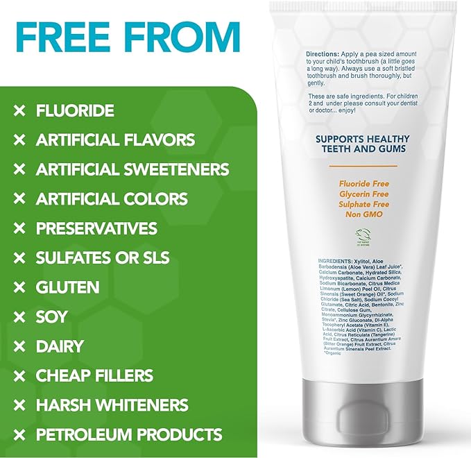 Kids Toothpaste No Fluoride; Non-Toxic Remineralizing Nano Hydroxyapatite Toothpaste Made by Dentist with Xylitol for kids Cavity Protection & Gums, Safe to swallow for Children/Toddlers, Yummy Orange