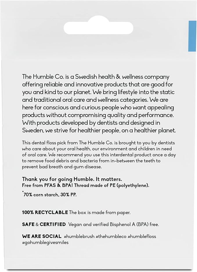 The Humble Co. Floss Picks (200 Count) – Plant Based Dental Floss Picks with Grip Handle for Superior Oral Care, Dental Hygiene, and Gum Health, Cruelty Free Tooth Floss Picks (Mint)