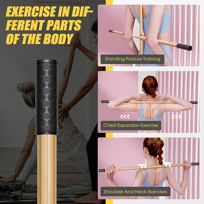 Bamboo Stretch Yoga Stick, 5ft/149 cm, Flexibility Stick for Physical Therapy, Premium Yoga Dowel with Super Sturdy Rubber Handle Ends, Exercise Bar for Posture Corrector-StrideForce Fitness