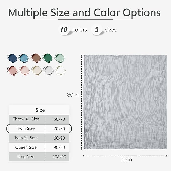 Carriediosa 100% Cotton Muslin Throw Blanket 70" X 80" Twin Size,4-Layers Summer Gauze Throws for Bed Couch,Soft Lightweight Breathable Linen Blankets Bedspread for Adults All Season,Grey-StrideForce Fitness