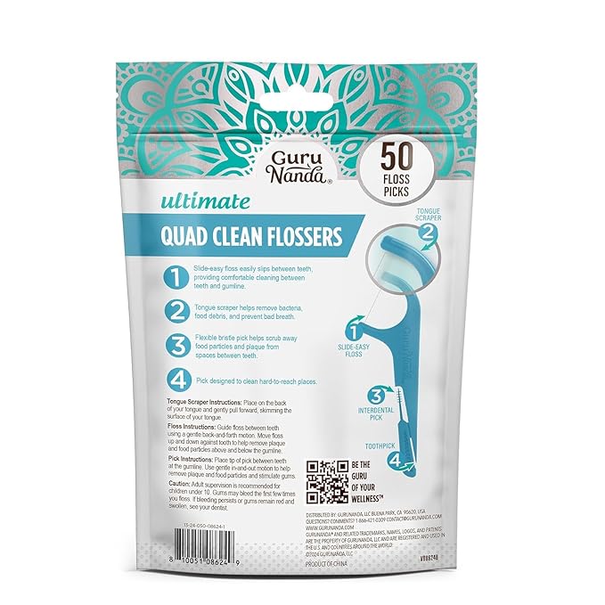 GuruNanda Quad Clean Floss Picks 4-in-1 with Tongue Scraper, Interdental Pik & Toothpick, Non-Shred Dyneema Thread, with Xylitol & Baking Soda, 50ct