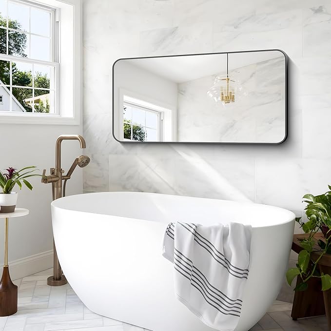 24x48 inch Bathroom Mirror,Black Rectangle Mirror,Wall Mounted Bathroom Frame Vanity Mirror with Round Corner for Bedroom Living Room, Entryway Hangs Horizontal or Vertical-StrideForce Fitness