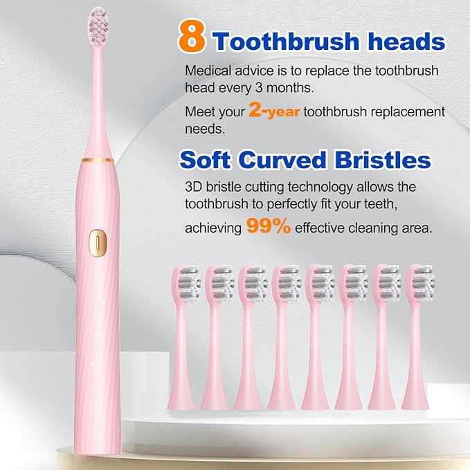 FXQQZZ Electric Toothbrush for Adults and Kids, with Tongue Scraper and Travel Case, 8 Brush Head, Smart Timer & 4 Modes Rechargeable Toothbrush, 42000 VPM Deep Clean, One Charge Last 90 Days - Rose