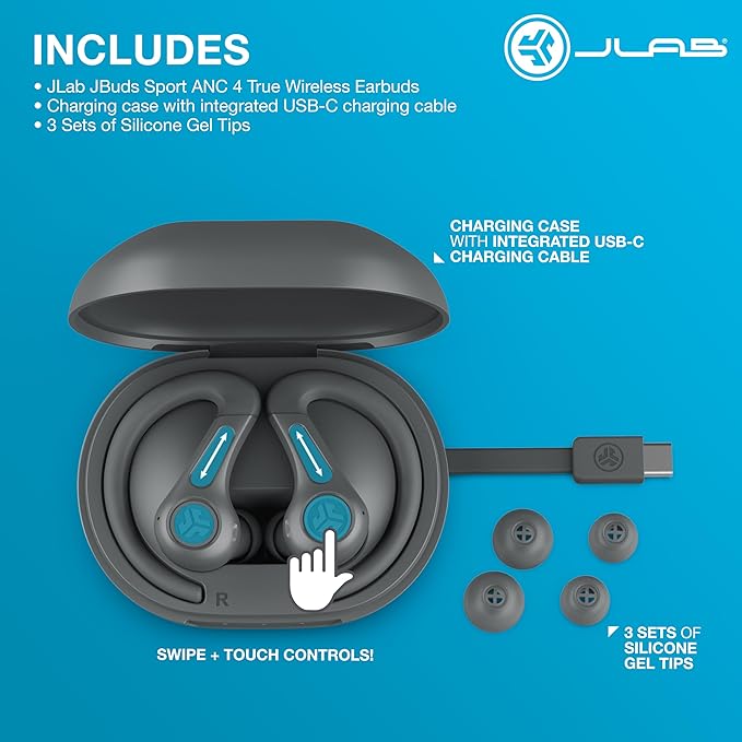 JLab JBuds Sport ANC 4 True Wireless Bluetooth Earbuds + Charging Case, Graphite, Swipe + Touch Controls, Hybrid Active Noise Cancelation, Multipoint Connect, Customized Settings App-StrideForce Fitness
