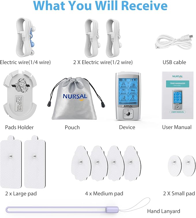 NURSAL 24 Modes TENS Unit Muscle Stimulator with Continuous Stimulation, Rechargeable Electronic Pulse Massager with 8 Pads for Back and Shoulder Pain Relief and Muscle Strength (Silver)-StrideForce Fitness
