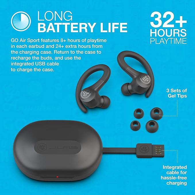 JLab Go Air Sport, Wireless Workout Earbuds Featuring C3 Clear Calling, Secure Earhook Sport Design, 32+ Hour Bluetooth Playtime, and 3 EQ Sound Settings (Graphite/Black)-StrideForce Fitness