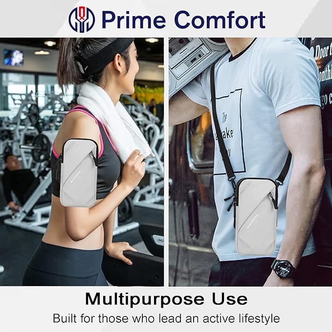 Phone Holder Arm Bands, Small Crossbody Shoulder Holsters Bag with Arm Band, Fits iPhone and All Cell Phones, Use for Running, Walking, Hiking & Biking (Plus Size,Grayish White)-StrideForce Fitness