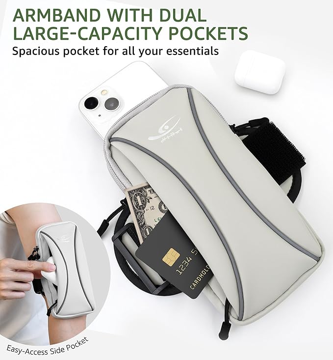 HiRui Arm Bag & Wrist Bag Phone Holder, Sports Running Armband for Gym, Cycling & Workout, Compatible with iPhone 16/15/14 Series, Samsung Galaxy & More, Reflective, Adjustable, Secure Fit (Gray)-StrideForce Fitness