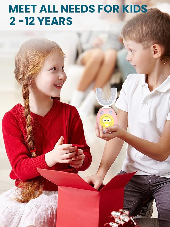 FTOYIN Kids Electric Toothbrush with 3 Brush Heads, U Shaped Ultrasonic Toothbrush Kids with 5 Modes, 45s Smart Reminder, 360-Degree Automatic Cleaning, IPX7 Waterproof Design