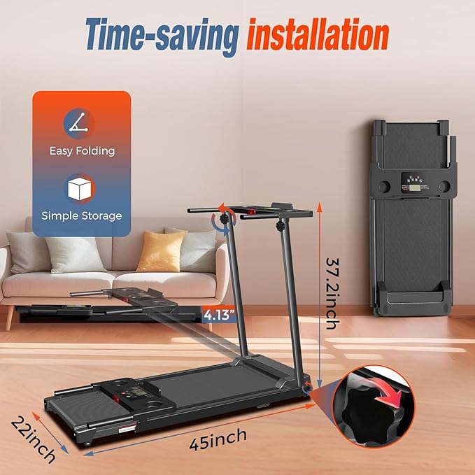 Treadmill with Handles, Portable Small Treadmills for Home and Office, 3.0HP Folding Walking Pad with 300 lbs Capacity, Cup Holder, LED Display and 12 Preset Programs-StrideForce Fitness